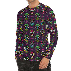 Day Of The Dead Sugar Skull Print Men's Long Sleeve Rash Guard