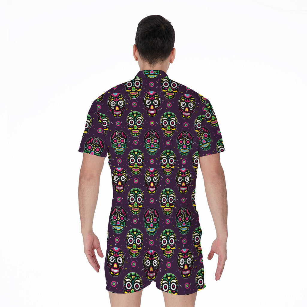 Day Of The Dead Sugar Skull Print Men's Rompers