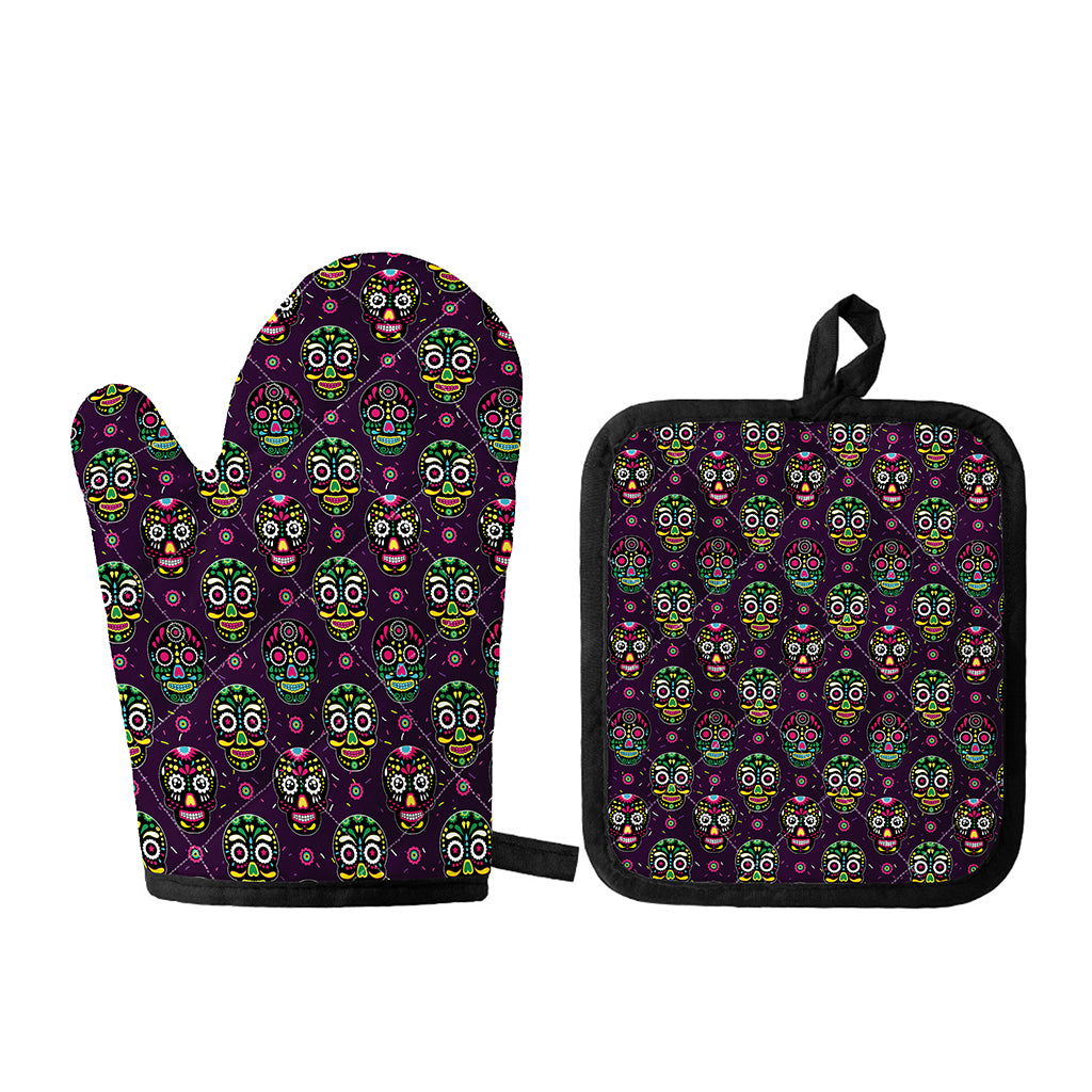 Day Of The Dead Sugar Skull Print Oven Mitt And Pot Holder Set