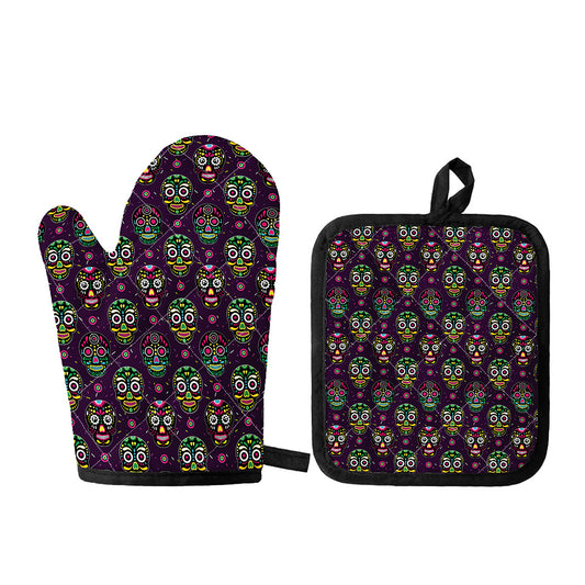 Day Of The Dead Sugar Skull Print Oven Mitt And Pot Holder Set