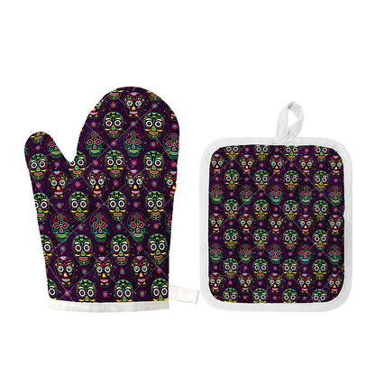 Day Of The Dead Sugar Skull Print Oven Mitt And Pot Holder Set