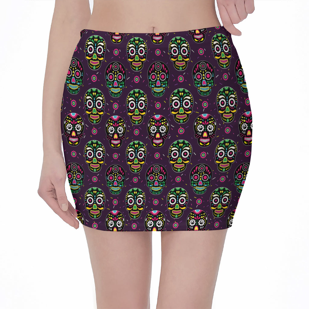 Day Of The Dead Sugar Skull Print Pencil Mini Skirt