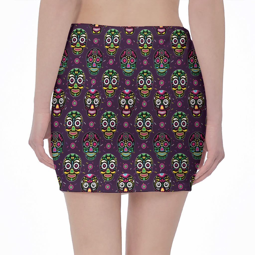 Day Of The Dead Sugar Skull Print Pencil Mini Skirt