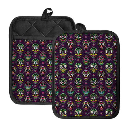 Day Of The Dead Sugar Skull Print Pot Holders With Pocket