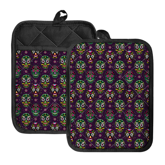 Day Of The Dead Sugar Skull Print Pot Holders With Pocket
