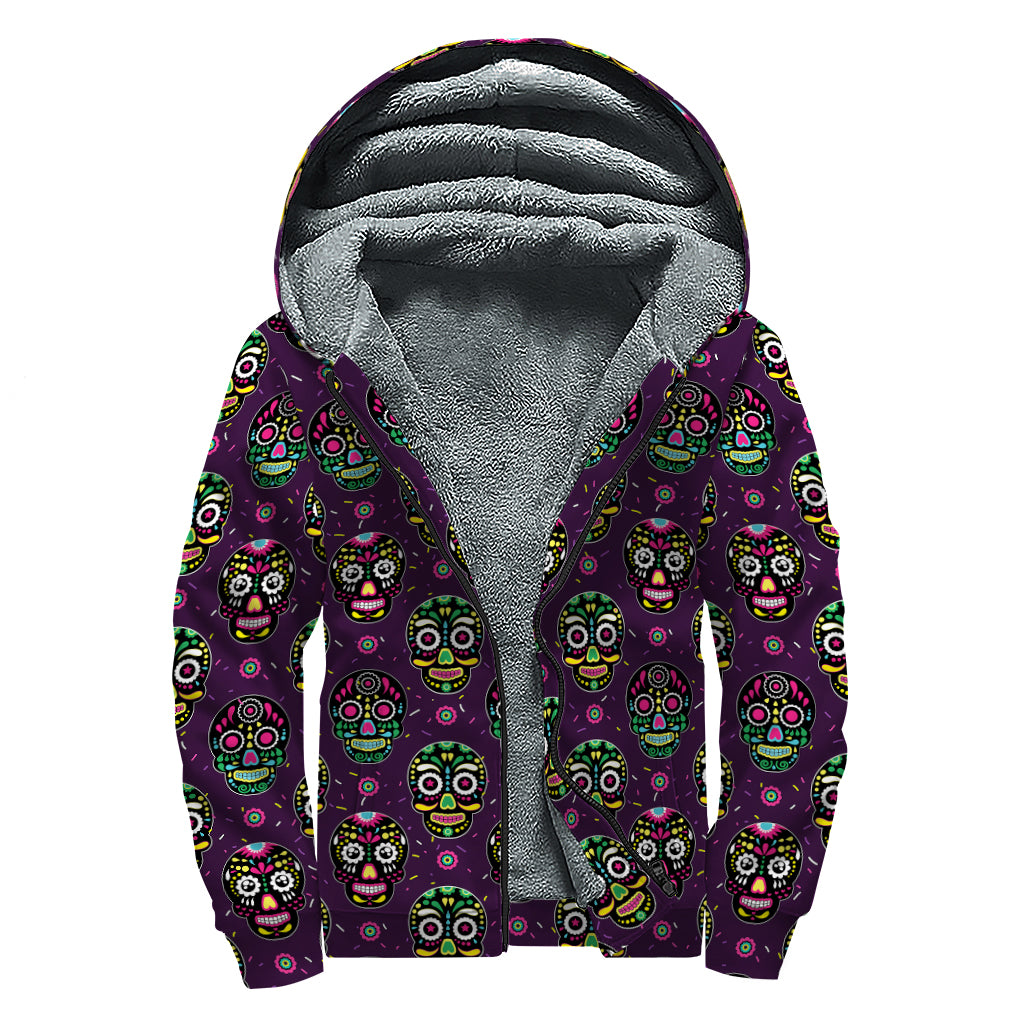 Day Of The Dead Sugar Skull Print Sherpa Lined Zip Up Hoodie