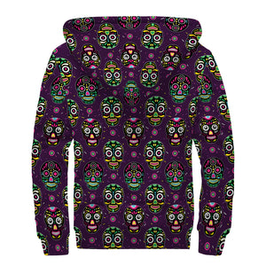 Day Of The Dead Sugar Skull Print Sherpa Lined Zip Up Hoodie