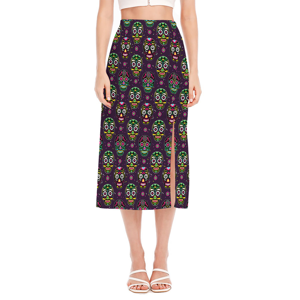 Day Of The Dead Sugar Skull Print Side Slit Midi Skirt