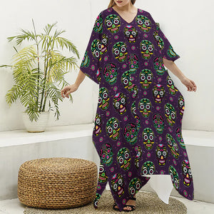 Day Of The Dead Sugar Skull Print Silk V-Neck Kaftan Dress