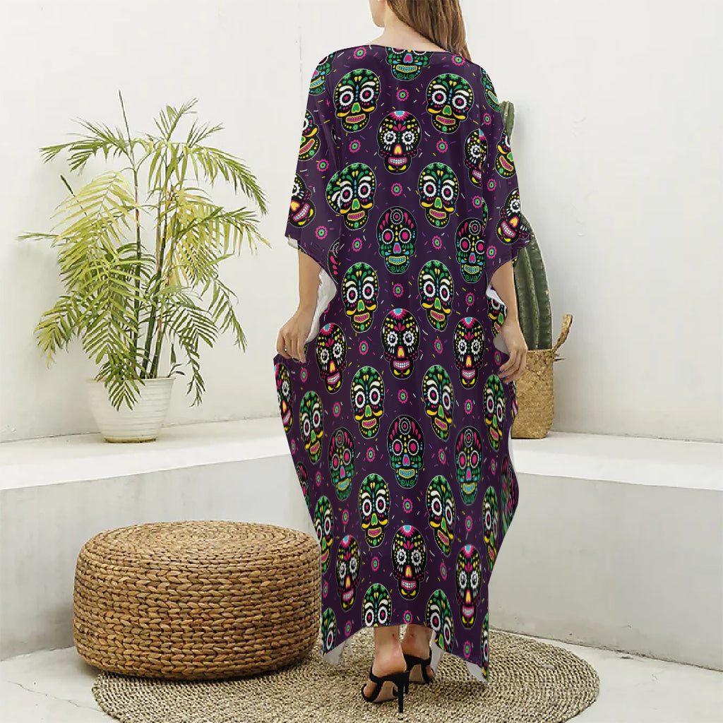 Day Of The Dead Sugar Skull Print Silk V-Neck Kaftan Dress