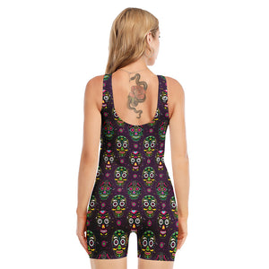 Day Of The Dead Sugar Skull Print Sleeveless One Piece Swimsuit