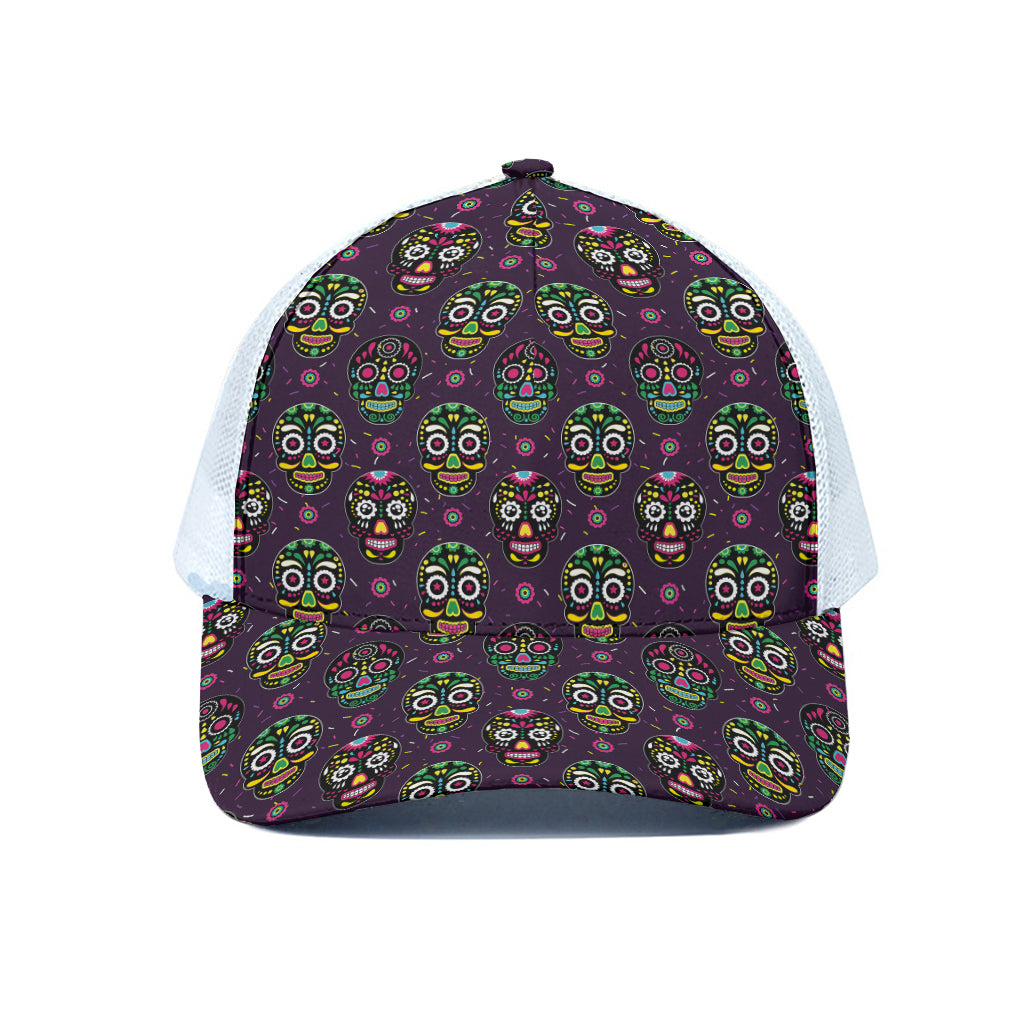 Day Of The Dead Sugar Skull Print White Mesh Trucker Cap