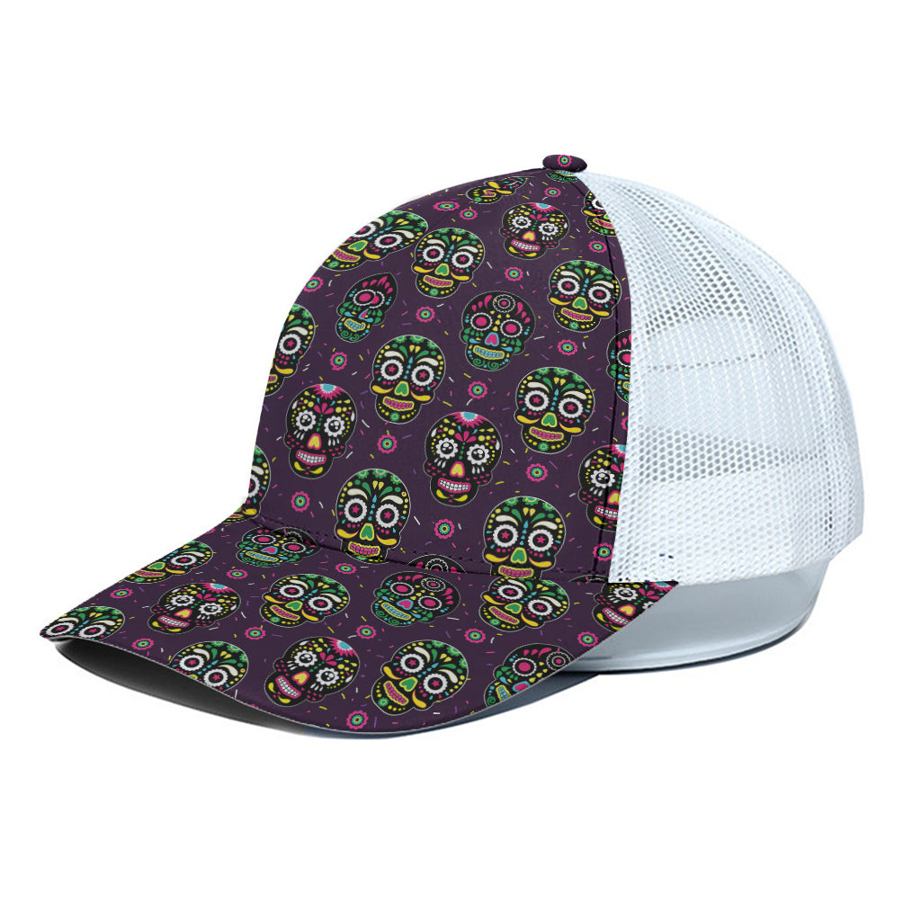 Day Of The Dead Sugar Skull Print White Mesh Trucker Cap