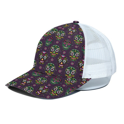 Day Of The Dead Sugar Skull Print White Mesh Trucker Cap