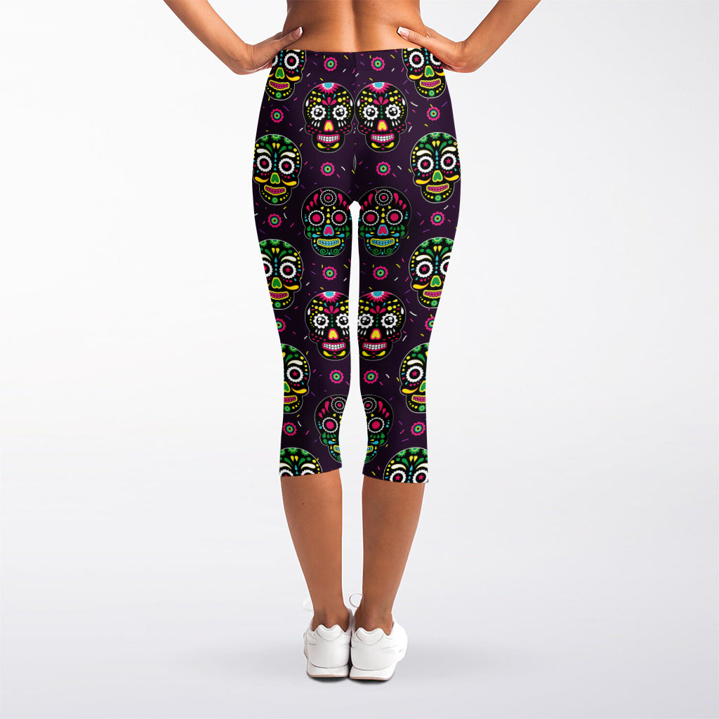 Day Of The Dead Sugar Skull Print Women's Capri Leggings