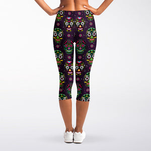 Day Of The Dead Sugar Skull Print Women's Capri Leggings