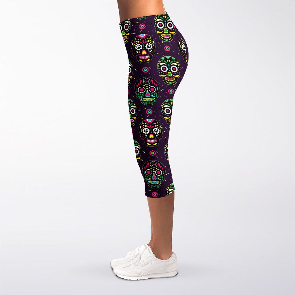 Day Of The Dead Sugar Skull Print Women's Capri Leggings