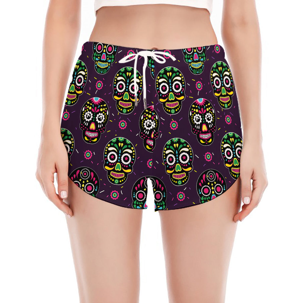 Day Of The Dead Sugar Skull Print Women's Split Running Shorts