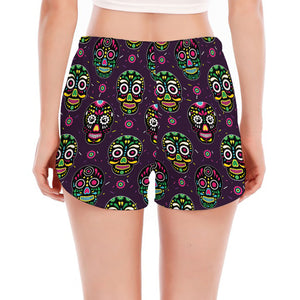 Day Of The Dead Sugar Skull Print Women's Split Running Shorts