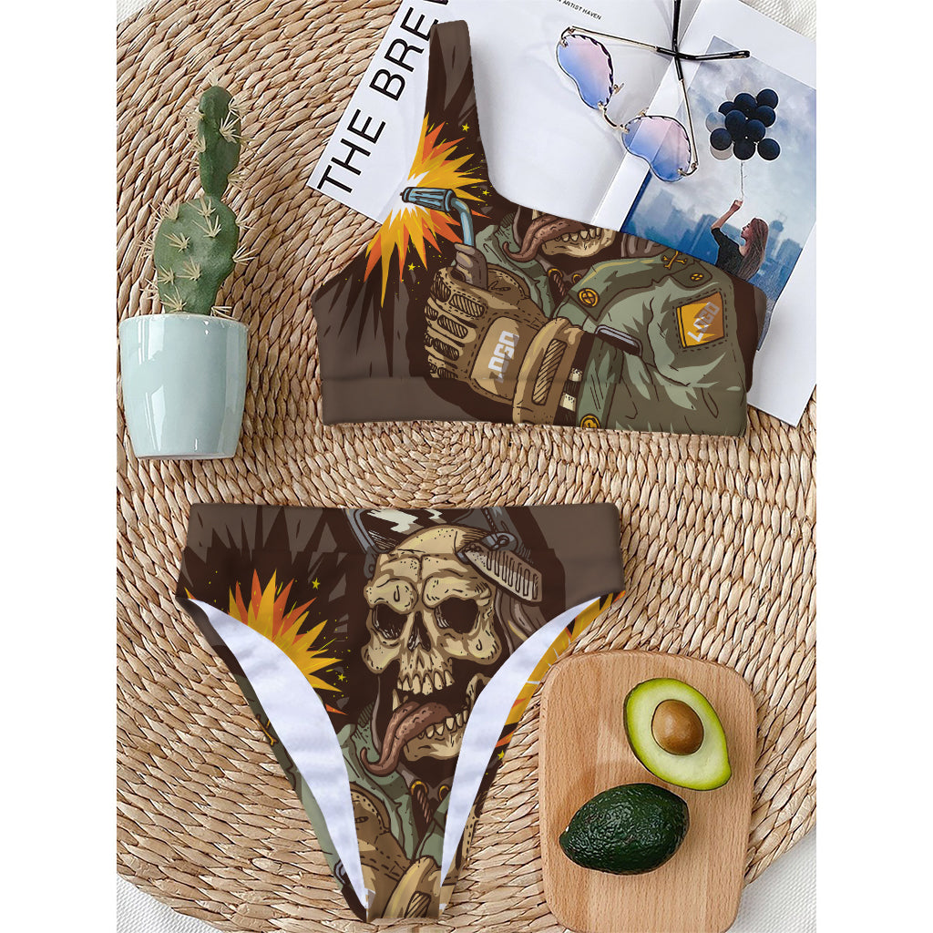 Dead Welder Print One Shoulder Bikini Top