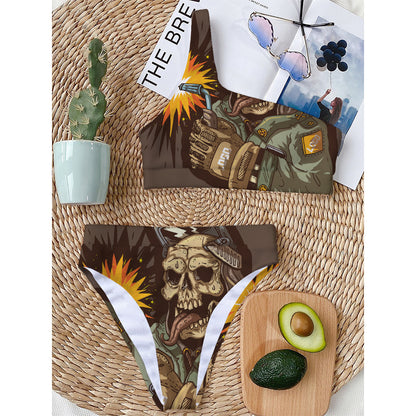 Dead Welder Print One Shoulder Bikini Top