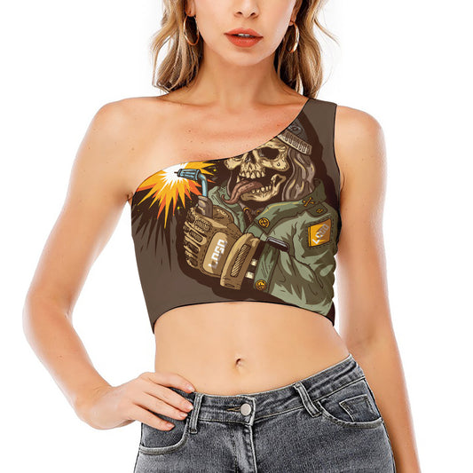 Dead Welder Print One Shoulder Crop Top