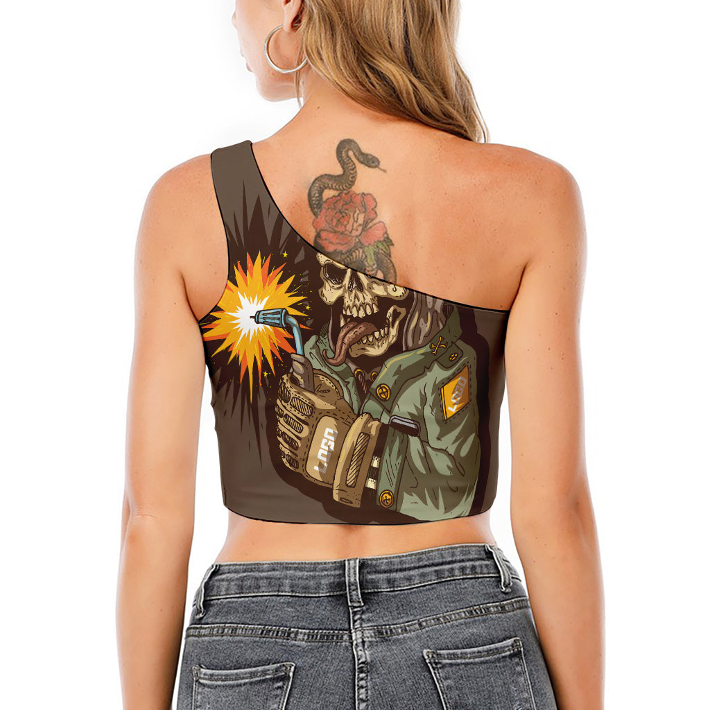 Dead Welder Print One Shoulder Crop Top