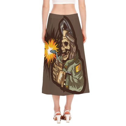 Dead Welder Print Side Slit Midi Skirt