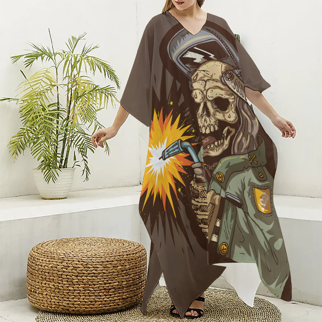 Dead Welder Print Silk V-Neck Kaftan Dress