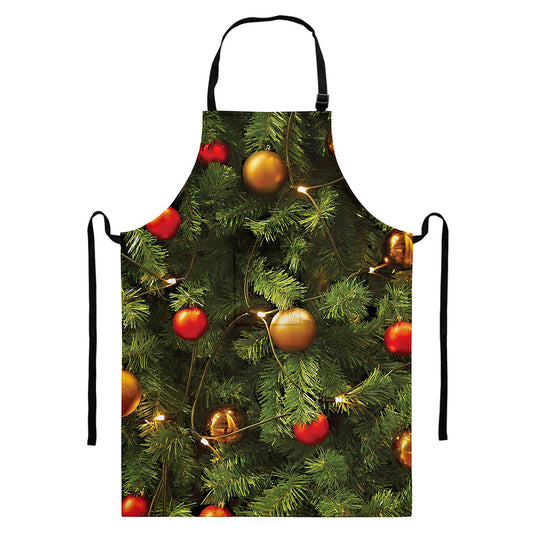 Decorated Christmas Tree Print Bib Apron With Pocket