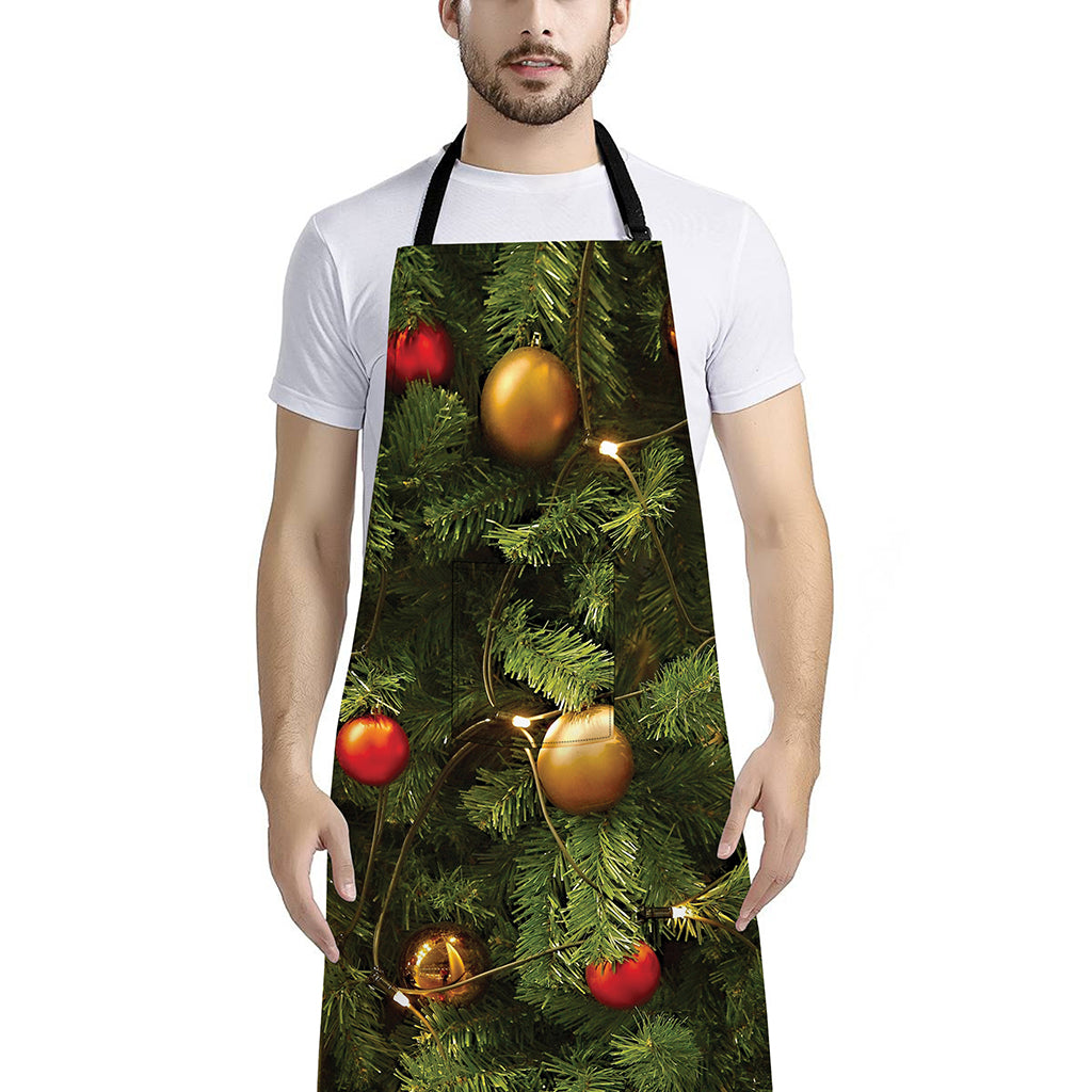 Decorated Christmas Tree Print Bib Apron With Pocket