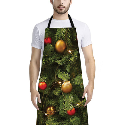 Decorated Christmas Tree Print Bib Apron With Pocket
