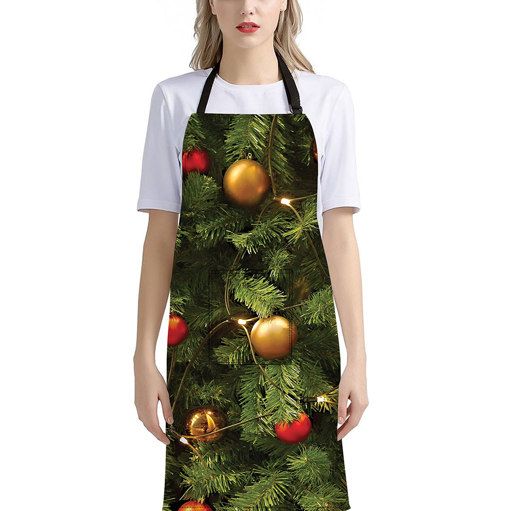 Decorated Christmas Tree Print Bib Apron With Pocket