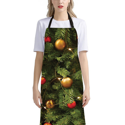 Decorated Christmas Tree Print Bib Apron With Pocket