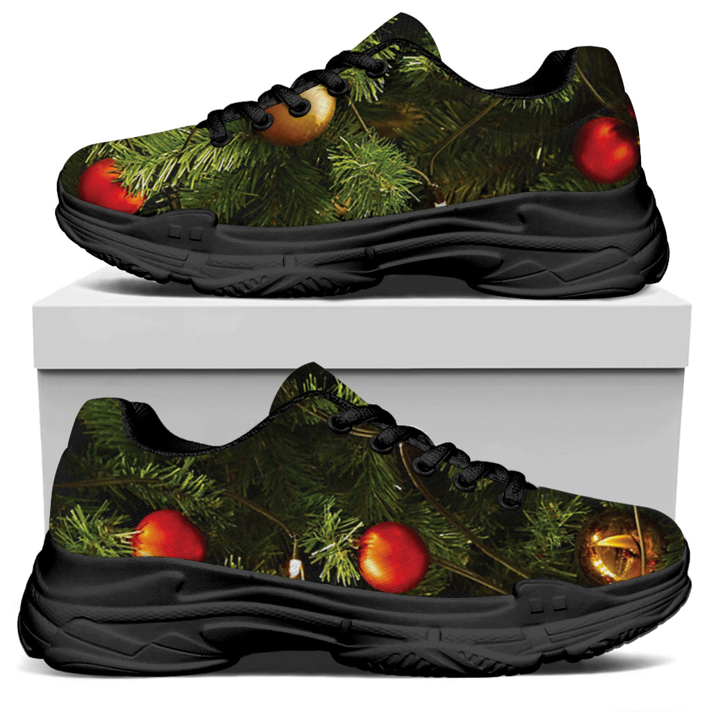 Decorated Christmas Tree Print Black Chunky Shoes