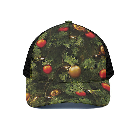 Decorated Christmas Tree Print Black Mesh Trucker Cap