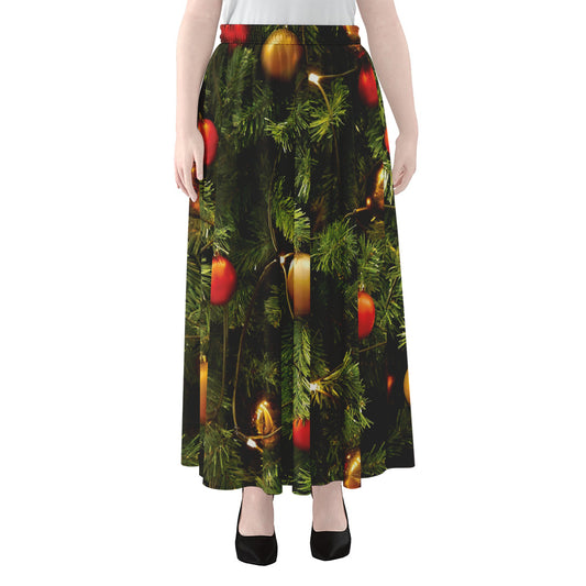Decorated Christmas Tree Print Chiffon Maxi Skirt