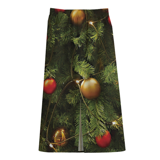 Decorated Christmas Tree Print Cotton Front Slit Maxi Skirt