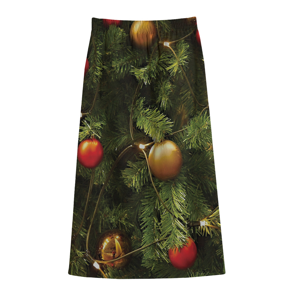 Decorated Christmas Tree Print Cotton Front Slit Maxi Skirt