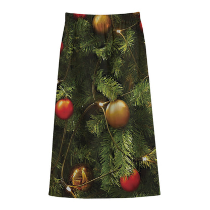 Decorated Christmas Tree Print Cotton Front Slit Maxi Skirt