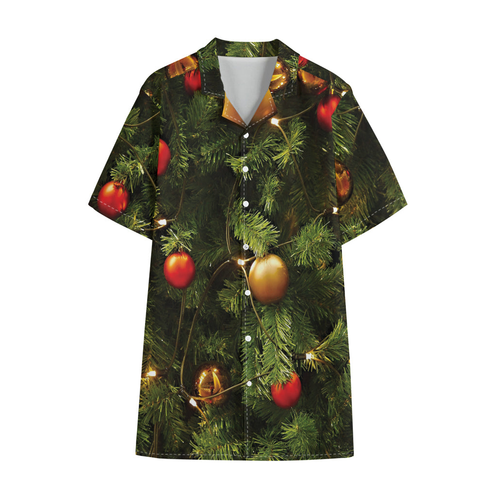 Decorated Christmas Tree Print Cotton Hawaiian Shirt