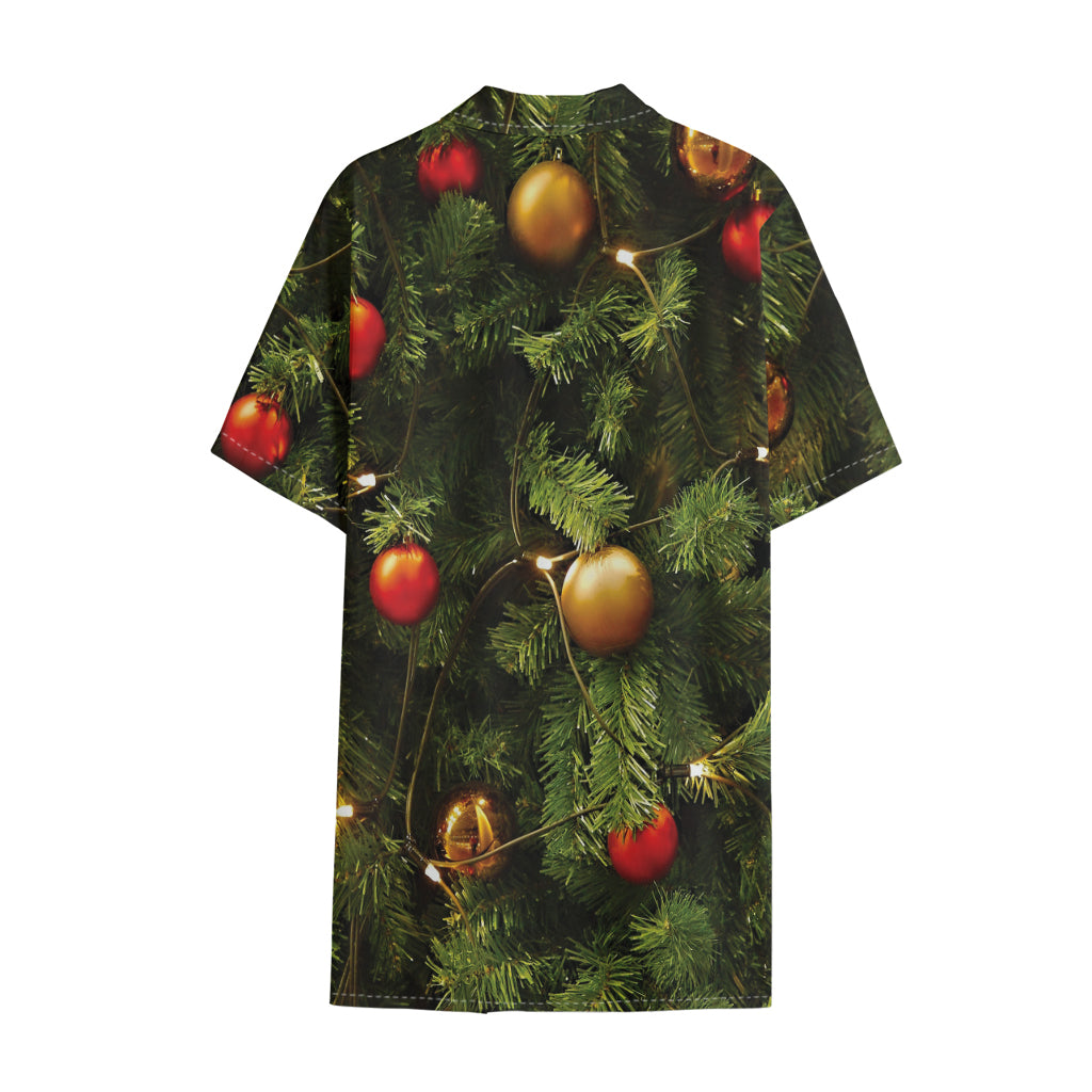 Decorated Christmas Tree Print Cotton Hawaiian Shirt
