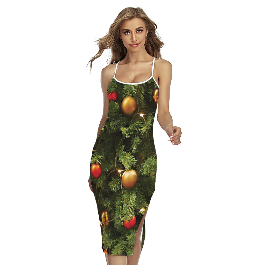 Decorated Christmas Tree Print Cross Back Cami Dress