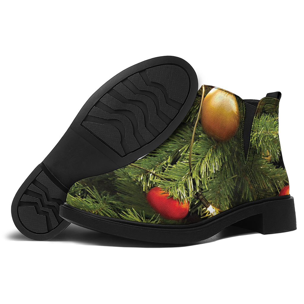 Decorated Christmas Tree Print Flat Ankle Boots