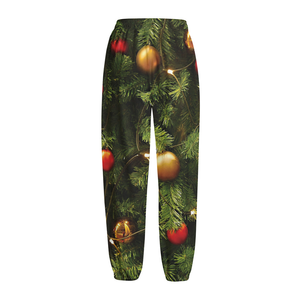 Decorated Christmas Tree Print Fleece Lined Knit Pants