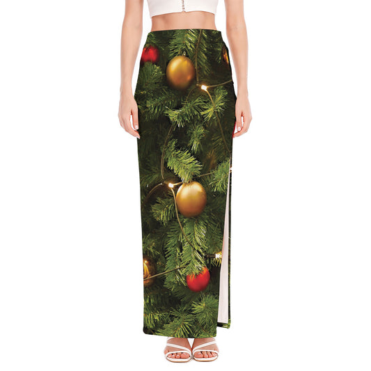 Decorated Christmas Tree Print High Slit Maxi Skirt