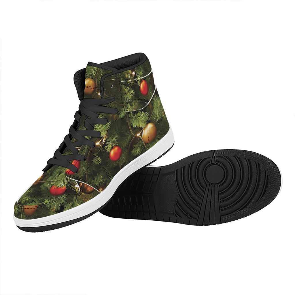Decorated Christmas Tree Print High Top Leather Sneakers