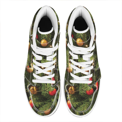 Decorated Christmas Tree Print High Top Leather Sneakers