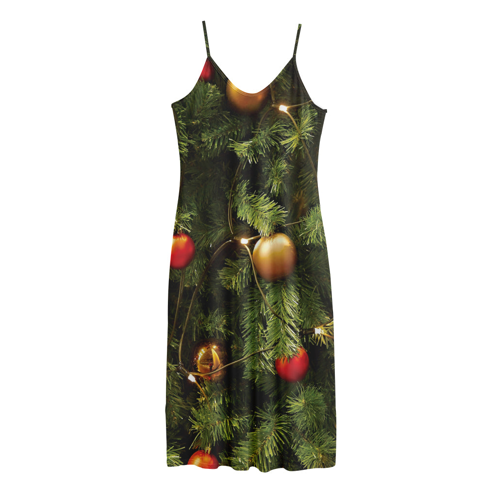 Decorated Christmas Tree Print Jersey Midi Cami Dress