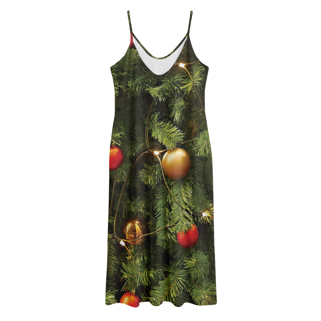 Decorated Christmas Tree Print Jersey Midi Cami Dress